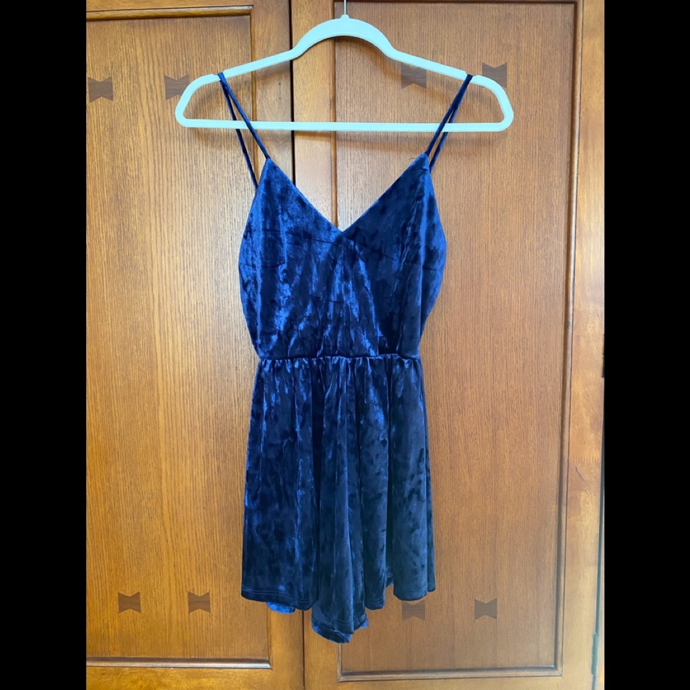 Blue Velvety Spaghetti Strap Romper Size S.